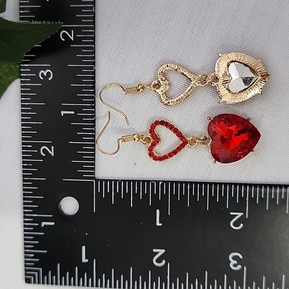 Gold with Red Crystal Double Heart Drop Earrings New - Picture 5 of 7